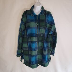 NYJ New York Jeans Blue Green Plaid Fleece Button Front Sweater Cardigan Small